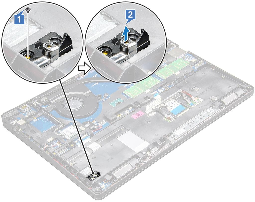 Montáž disku M.2 SSD (Solid State Drive) POZNÁMKA: Před instalací karty SSD ověřte, že je plně nabitá baterie nebo je zapojený síťový adaptér. 1 Umístěte svorku disku SSD na notebook.