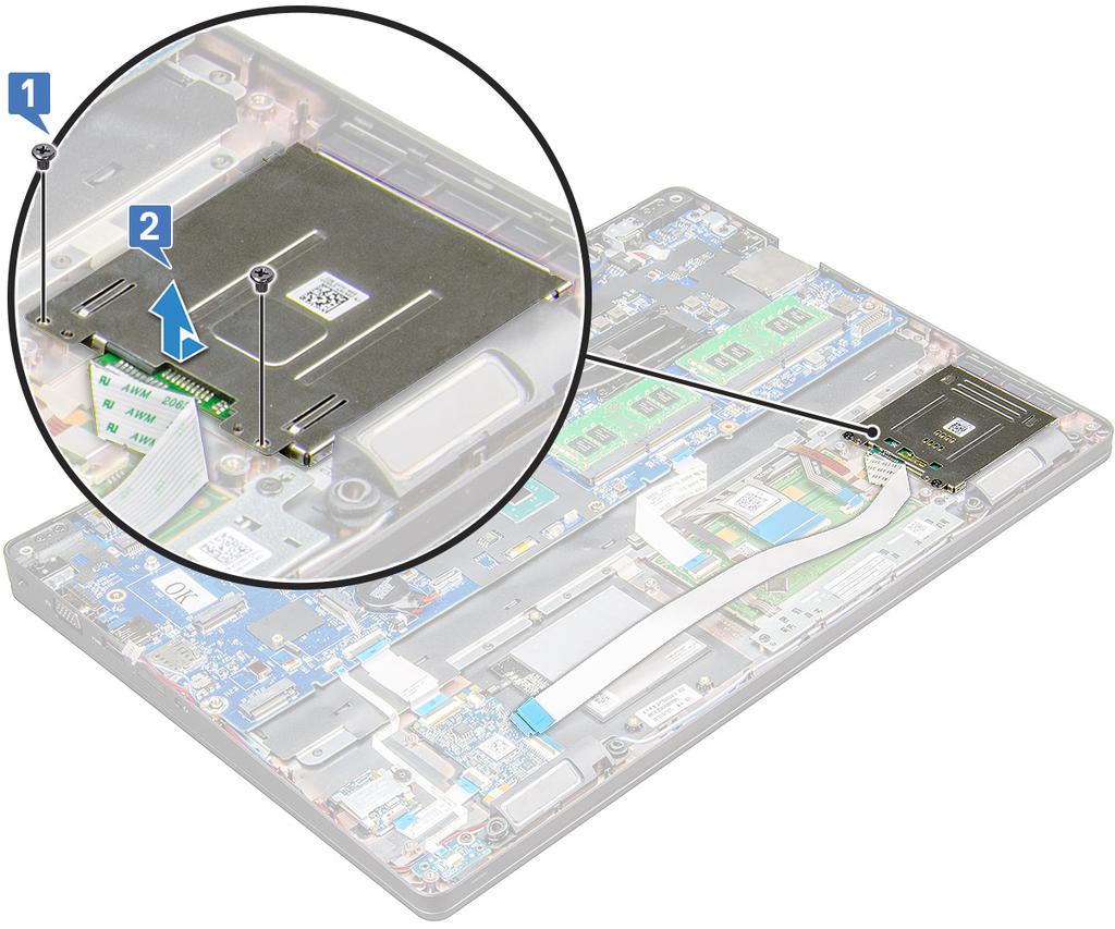 Instalace čtečky karet SmartCard 1 Umístěte čtečku čipových karet do notebooku. 2 Utáhněte šrouby M2,0x3,0, které připevňují čtečku čipových karet k notebooku.