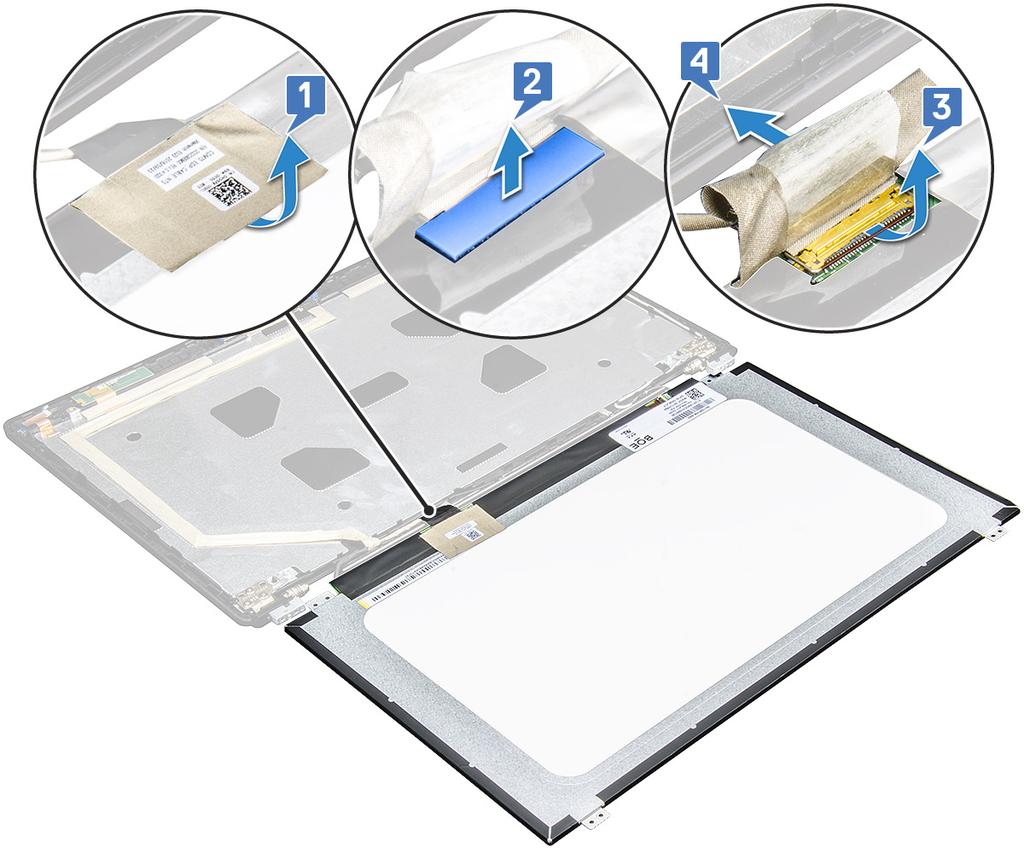 Montáž panelu displeje 1 Připojte kabel edp ke konektoru a připevněte modrou lepicí pásku. 2 Připevněte lepicí pásku. Zabezpečíte tak kabel edp.