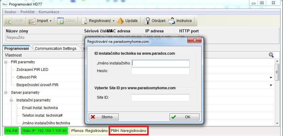 Toto Site ID je potřeba pro aplikaci Paradox Insight App - klikněte na OK pro vytvoření registrace na PMH - proběhne registrace a vše potvrdíte kliknutím na OK 4.