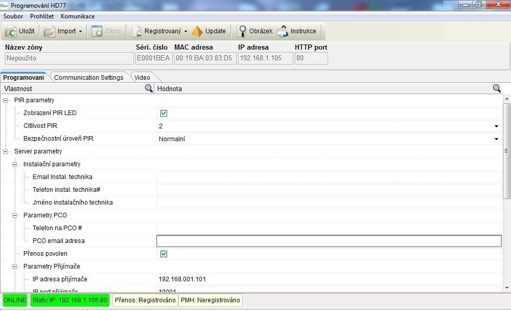 PIR parametry a programování : Všechny parametry HD77 jdou nastavit přes klávesnici TM50, K641,K641+ a program Babyware. Pouze parametry serveru a LAN musí být naprogramovány přes program Babyware.