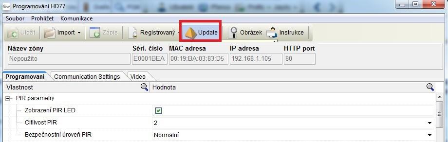 3. V programování modulu klikněte na Update. Po vyhledání a výběru modulu klikněte na Update.