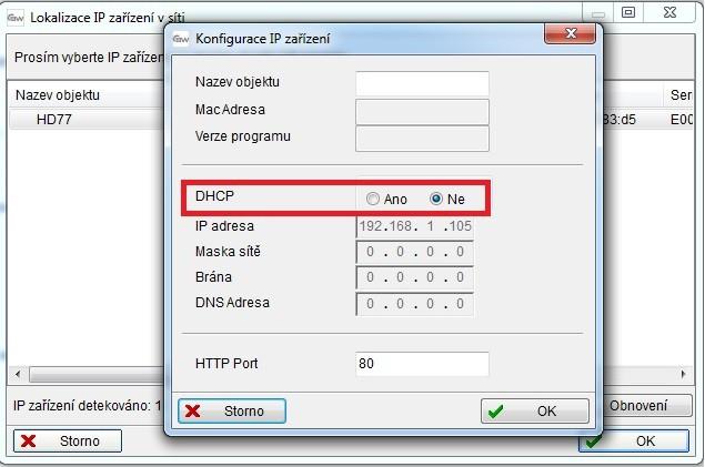 3. Otevře se okno s konfigurací IP adresy a DHCP. - zde zkontrolujte nastavení DHCP zda je zakázáno. Pokud je potřeba změna nastavení tak bude pro uložení požadováno heslo modulu.