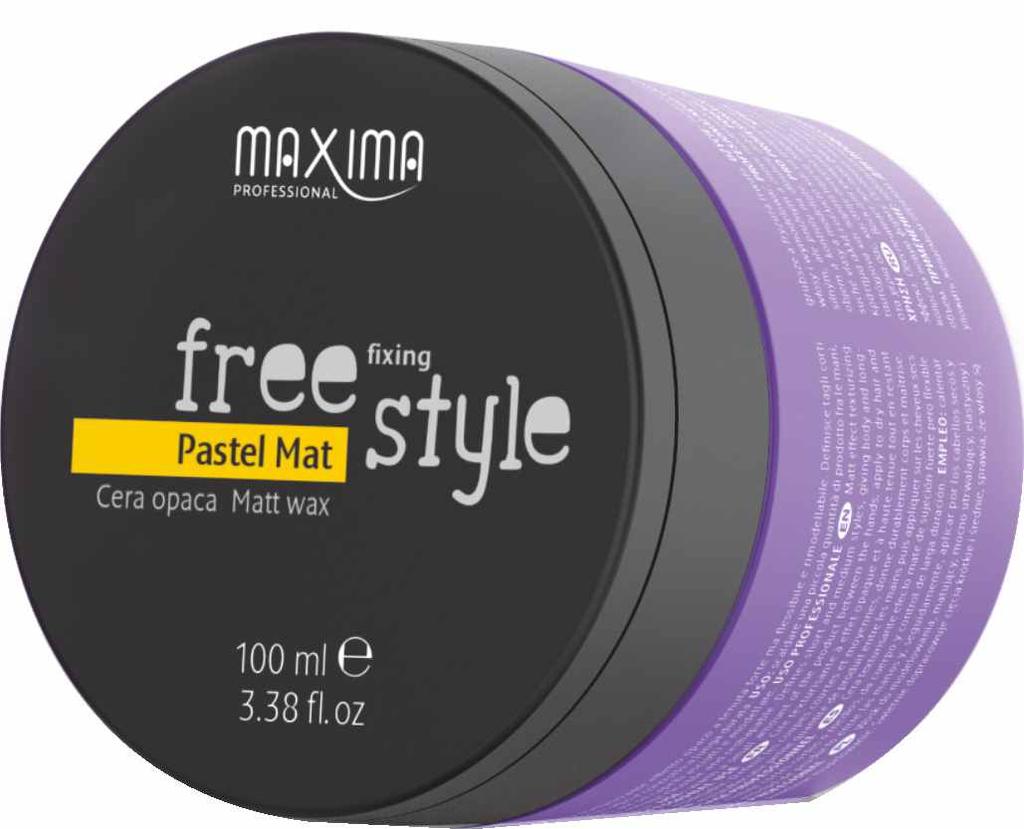 Maxima Free Style PASTEL MAT Vosk pro texturu s matným efektem a silným, ale pružným a znovu modelovatelným zpevněním. Definuje krátké a středně dlouhé střihy, dává objem a kontrolu na dlouhou dobu.