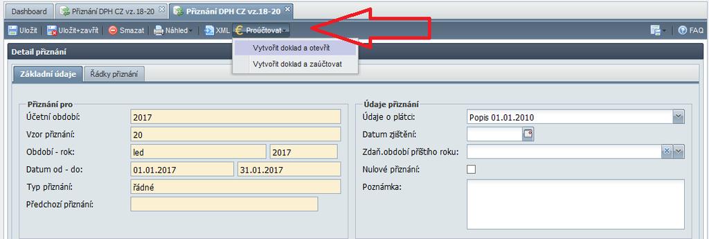 Přiznání DPH proúčtování přiznání Do přiznání DPH byla přidána možnost vytvoření interního dokladu zaúčtování přiznání.