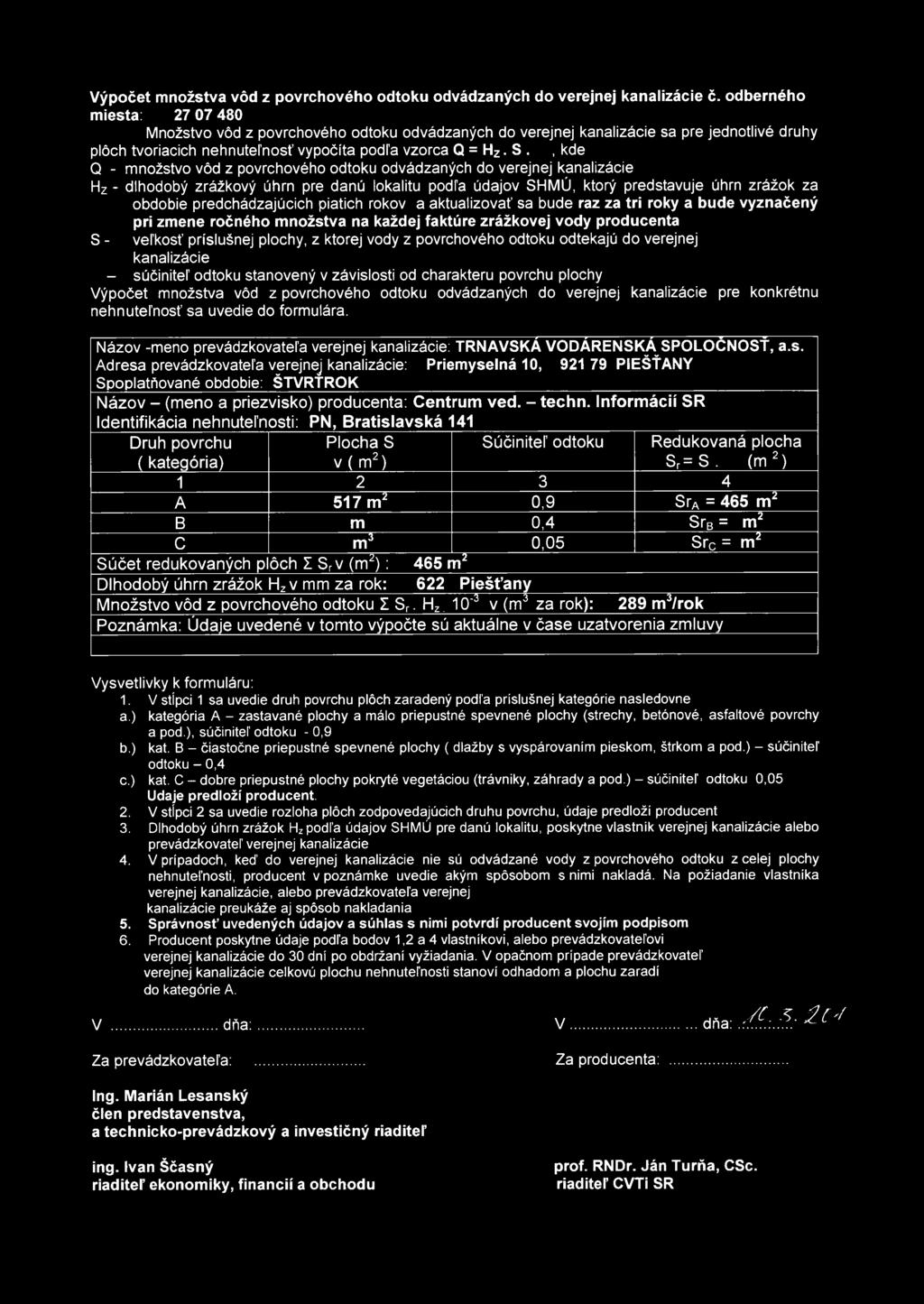 , kde Q - nnnožstvo vôd z povrchového odtoku odvádzaných do verejnej kanalizácie Hz - dlhodobý zrážkový úhrn pre danú lokalitu podľa údajov SHMÚ, ktorý predstavuje úhrn zrážok za obdobie