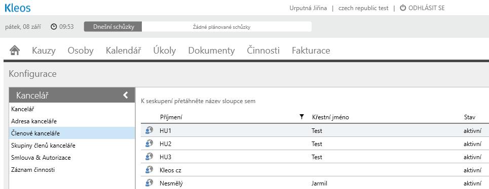 Karta člena kanceláře bsahuje prti standardní sbě navíc zálžku Účet, kde je vidět, jaký přihlašvací účet je danému uživateli přiřazen.