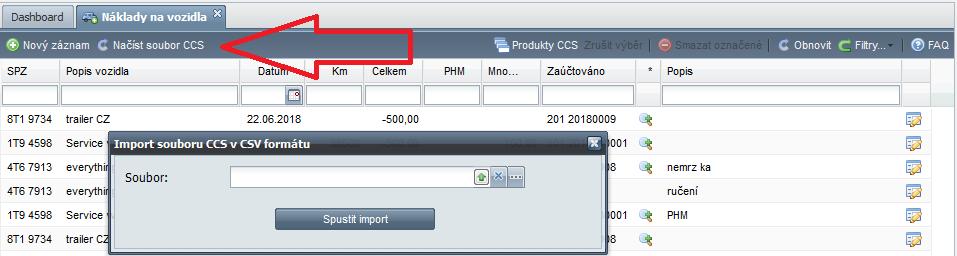 Načtení souboru CCS Do listu nákladů na vozidla bylo přidáno