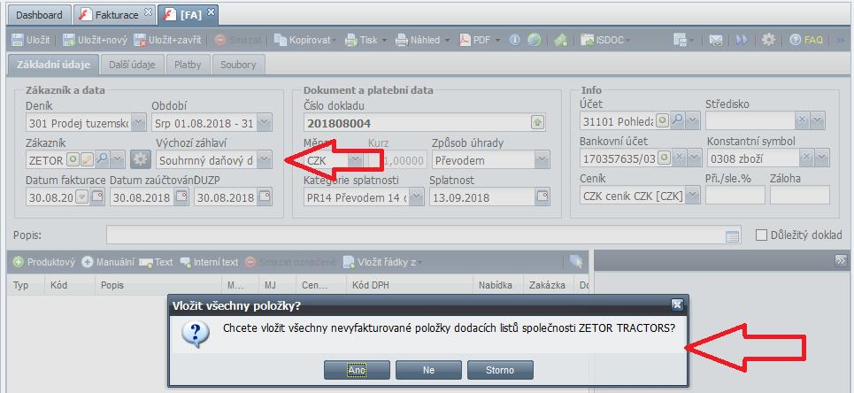 Fakturace - Při načtení dodacích listů do faktury se nově pro faktury typu souhrnný doklad aplikace dotáže, zda automaticky načíst všechny doposud nevyfakturované dodací listy.