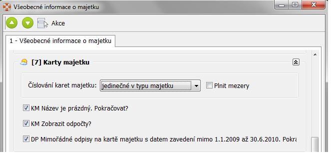 [6] Pohyby umístění majetku V této oblasti se nastavuje chování pohybů umístění majetku. Um Karta majetku je nadřízenou kartou. Pokračovat?