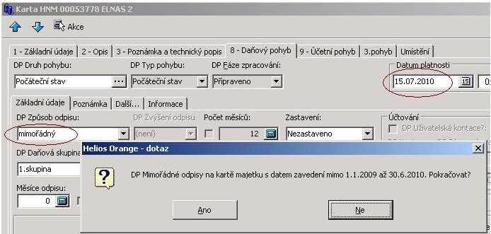 DP Technicky zhodnoceno U majetku již odepisovaného zaškrtnete, pokud byl před pořízením do HELIOS Orange technicky zhodnocen. DP Měsíc po Zaškrtávátko je přístupné u časového odepisování.