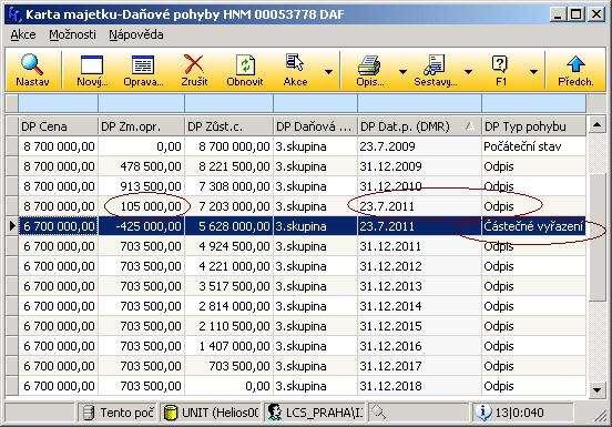 Při uložení pohybu se automaticky generuje odpis v částce 1/2 ročního odpisu vyřazované části majetku,