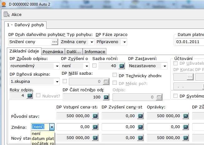 (není)- zadáváte pouze snížení ceny a žádná další hodnota se nedopočítává Datum platnosti - u tohoto nastavení je výpočet stanoven jako (částka snížení/dp aktuální cena)*dp zůstatková cena k datu