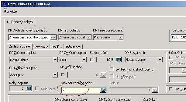 Změna části ročního odpisu K této změně se využívá položka DP Část ročního odpisu tak, že se vepíše