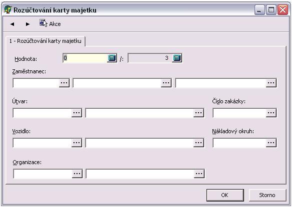 Do pole Hodnota zadáváte poměrnou část pro hodnotu odpisu. Do dalších polí vyberete zaměstnance, středisko, zakázku, nákladový okruh nebo organizaci pro rozúčtování.