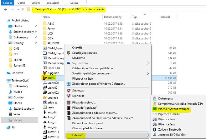 Dle standartní instalace složku je možné nalézt v C:/Klient/Auto/Servis/servis.exe.