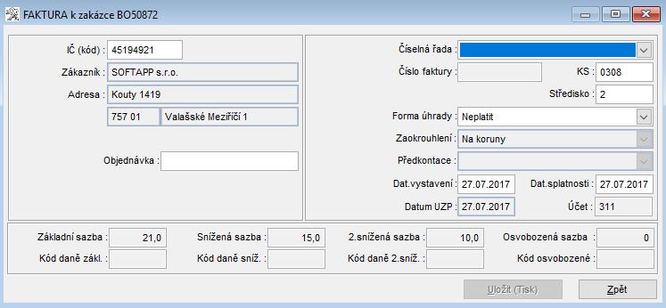 Uzavření na interní fakturu U vytváření faktury je zapotřebí přiřadit správnou číselnou řadu, středisko, formu úhrady =