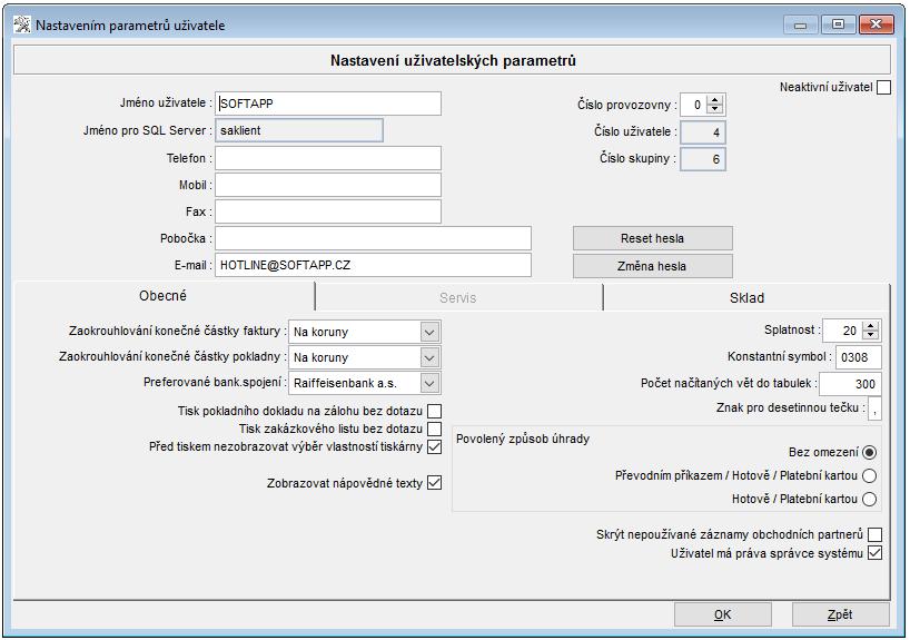 Základními údaji se rozumí jméno uživatele, Jméno pro SQL server (vyplňuje se jen při vytvoření uživatele, následně do poje je zamezen přístup), Telefon, Mobil, Fax, Pobočka, Email, Číslo provozovny,