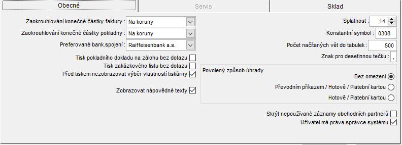je možné nastavit základní oprávnění a nastavení v záložkách níže (Obecné, Sklad) Záložka obecné Zaokrouhlování konečné částky faktury nastavuje způsob zaokrouhlení konečné částky faktury.