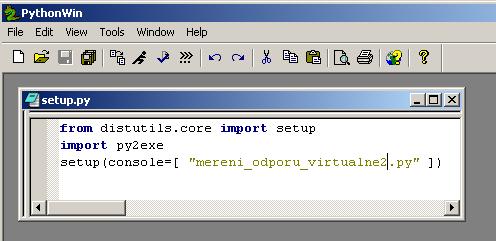 Obrázek 8 Obsah setup.py souboru Skript uložíme pod názvem setup.py také do C:\Python26\. Je důležité správně vyplnit název vašeho souboru uvnitř uvozovek. PythonWin můžeme zavřít.
