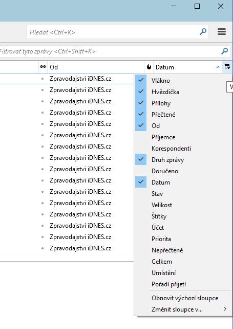 lokálního počítače: Pro výběr e-mailů můžete z výhodou použít jednak možnost řazení podle jednotlivých polí (Předmět, Od, Datum ) stačí kliknout na proužek s tímto nápisem nad seznamem e-mailů,