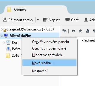 Získání pošty ze zálohy Pro získání zpráv ze zálohy se mi osvědčil následující postup. Mezi lokálními složkami v Thunderbirdu si vytvoříme novou složku s jednoduchým názvem, např. Obnova.