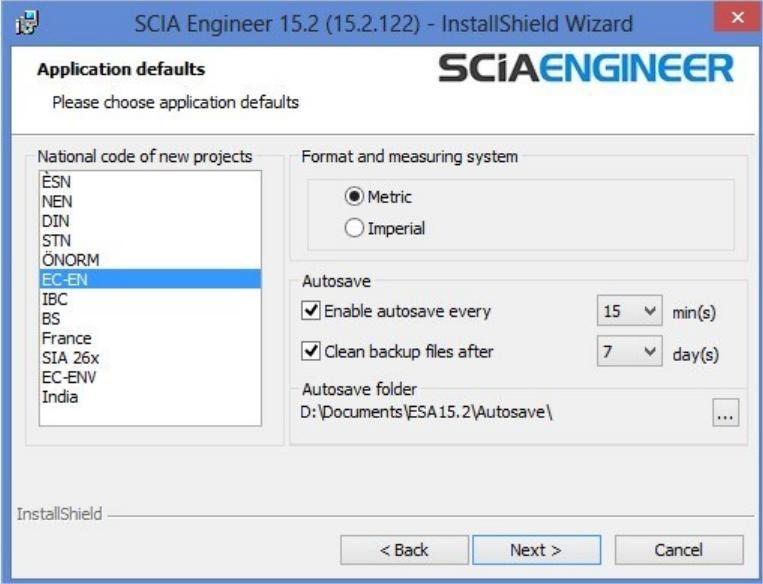 8. V dialogovém okně Application Defaults (Výchozí nastavení) lze nastavit výchozí hodnoty pro národní normu Kritéria pro Autosave (automatické ukládání) můžou být nastavena v tomto dialogu, můžete