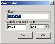Změna dat: Získáte následující okno, ve kterém můžete změnit specifická data satelitu: Pro získání tohoto okna je možno také označit satelit dvojklikem.