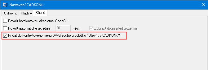 V tomto dialogu je možno vybrat asociování souborů typu DWG (formát výkresu AutoCADu) s CADKONem Stavební konstrukce při dvojkliknutí myši (nebo označení a stisknutí Enter) např.