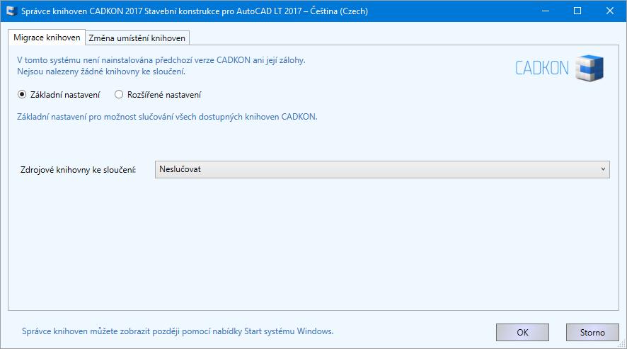 2. Rozšířené nastavení Rozšířené nastavení slouží ke sloučení vybraných knihoven, které chcete sloučit s knihovnami právě instalované verze CADKONu. Postup: 1.