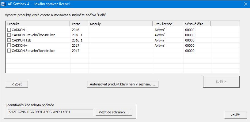 4. Po zaškrtnutí produktu k autorizaci se zobrazí okno, kde vyberete moduly pro autorizaci a zvolíte typ licence (standardně je nastavena lokální).