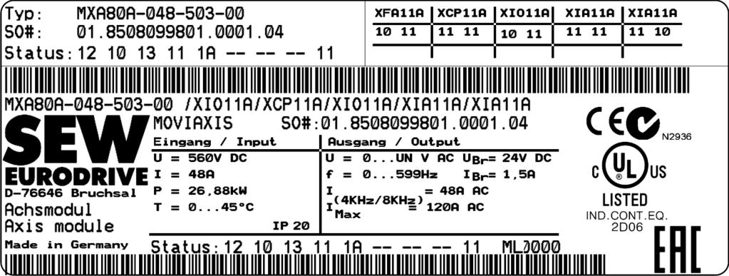 Typový štítek Typový štítek osového modulu 2 2 Typový štítek 2.1 Typový štítek osového modulu Na následujícím obrázku je zobrazen typový štítek na osovém modulu.