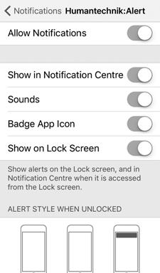 3c. Systém Apple ios: Konfigurácia aplikácie Po nainštalovaní aplikácie Humantechnik:Alert pre operačný systém ios, uistite sa, že sú zapnuté nasledujúce položky v podradenom priečinku Upozornenia