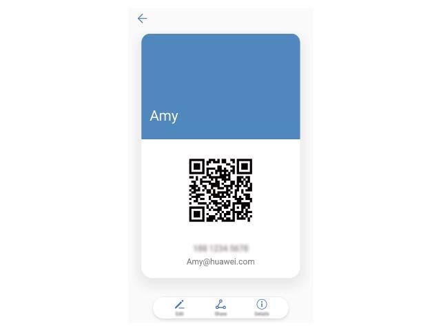 Kontakty Sdílení kontaktů: Otevřete Kontakty, vyberte kontakt, který chcete sdílet, poté klepněte na QR kód v pravém horním rohu a sdílejte svůj kontakt pomocí QR kódu.
