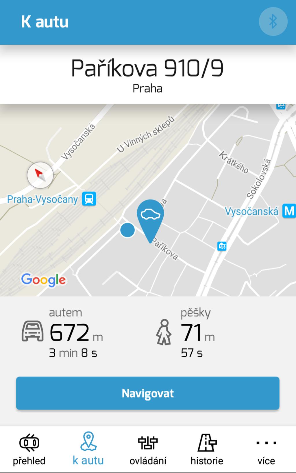 K autu Název obrazovky Adresa aktuální pozice auta Poloha vozu na pohyblivé mapě (špendlík s autíčkem) Poloha uživatele na pohyblivé mapě (modré kolečko) Pohyblivá mapa.