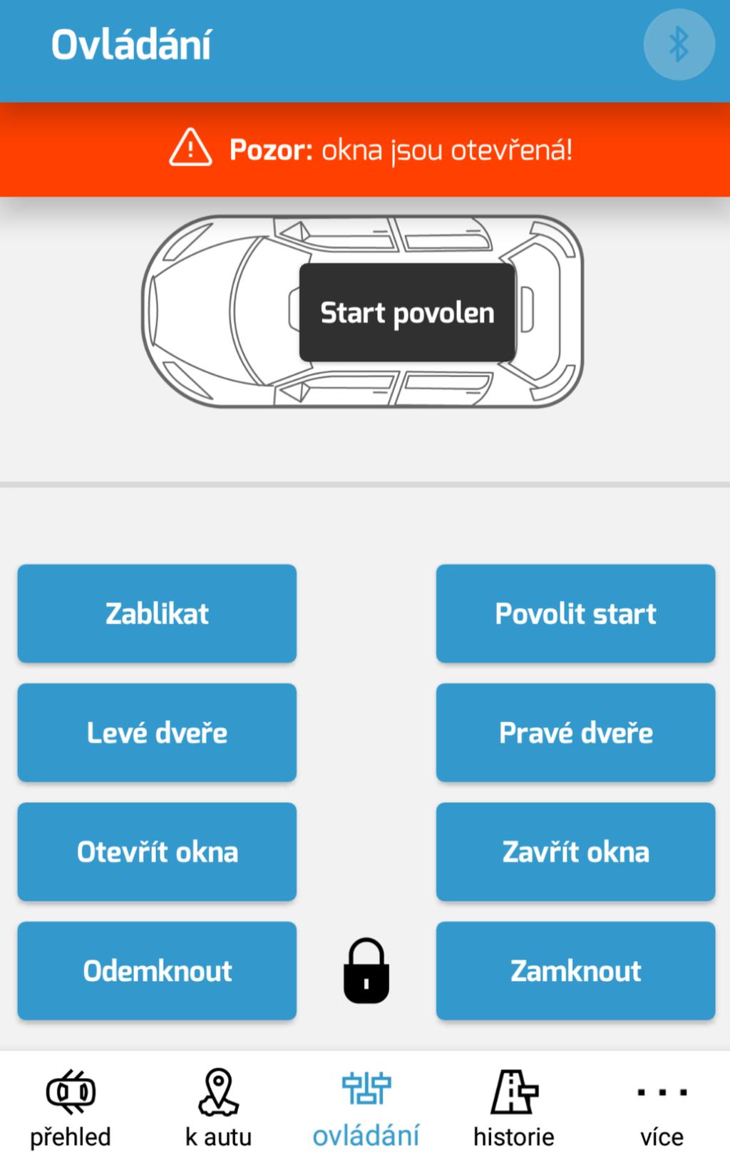 Ovládání Název obrazovky Pruh pro důležité informace. Například pokud jsou otevřená okénka. Obrázek autíčka zobrazuje aktuální stav vozidla.