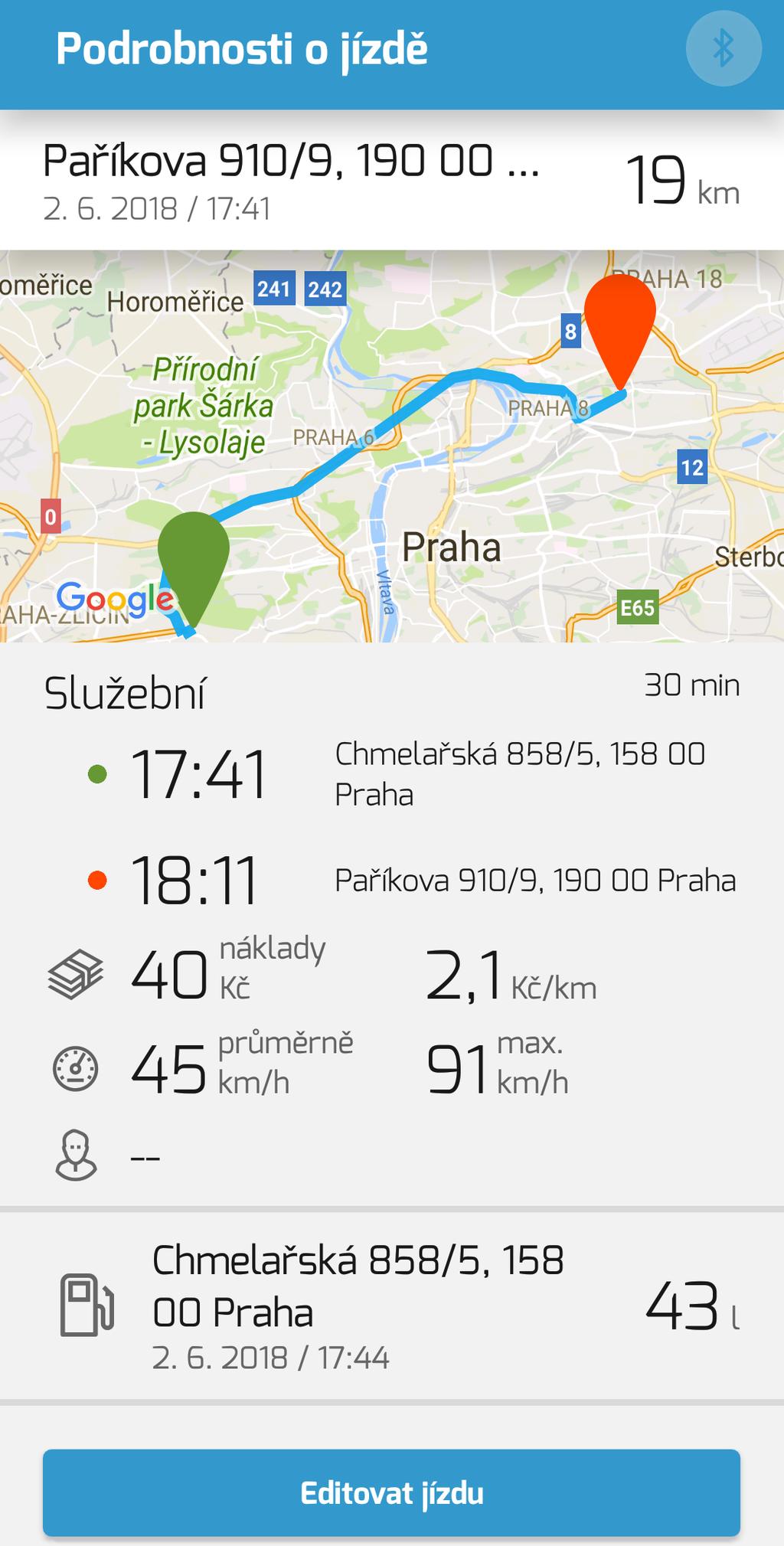 Podrobnosti o jízdě Informace o cíli a délce jízdy, datum kdy proběhla jízda a čas v kterém jízda začala. Trasa jízdy v mapě, po tapnutí do mapy se zobrazí mapa přes celou obrazovku s možností zoomu.