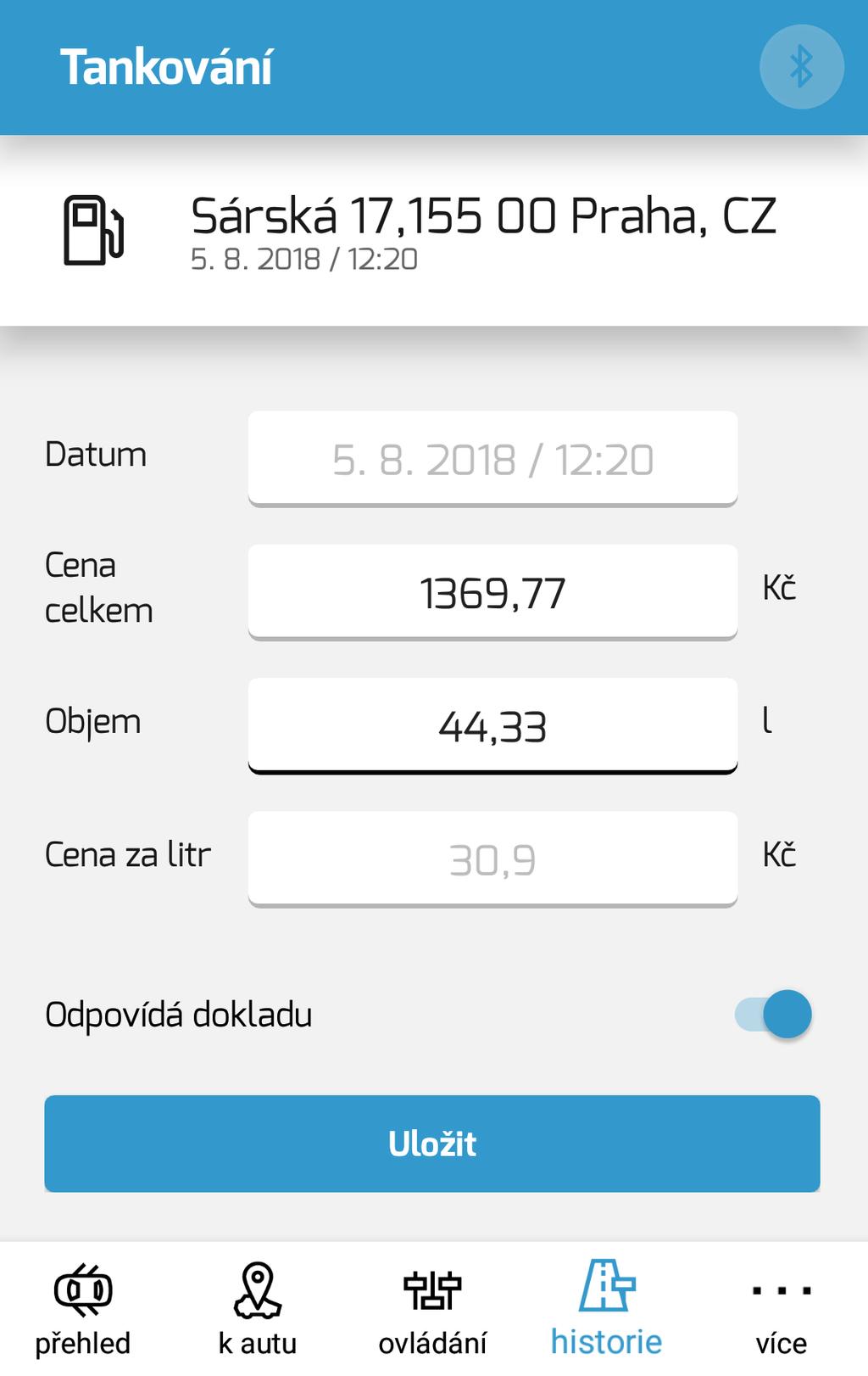 Editace tankování Informace o místě, datum a čase tankování. Datum a čas tankování. Není možno editovat. Vytvoří se automaticky po natankování.