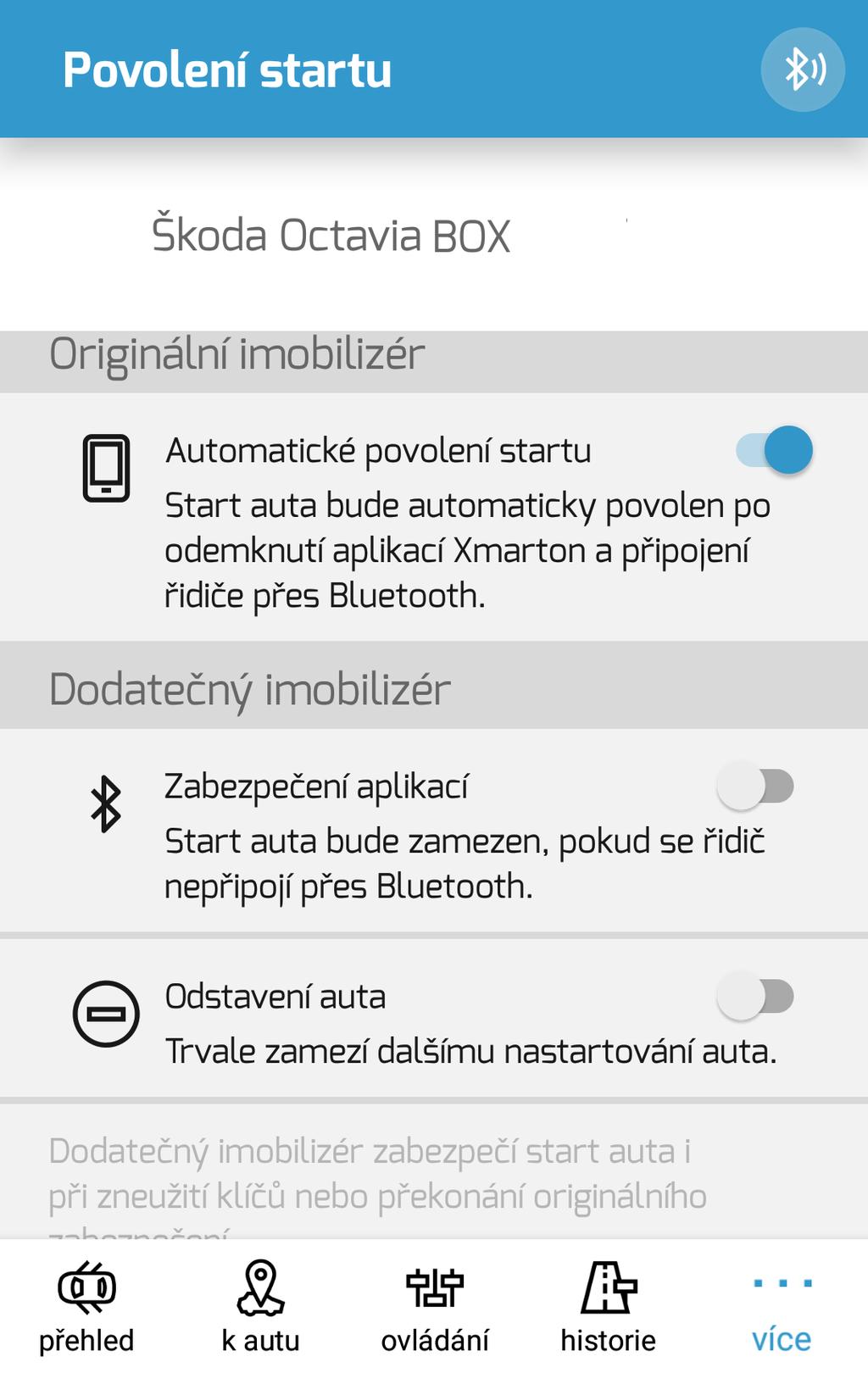 Povolení startu Název aktuálně vybraného auta Zapnuto - po odemknutí vozu aplikací a připojení řidiče přes Bluetooth dojde k automatické aktivaci repeateru a napájení klíčku (kessy).