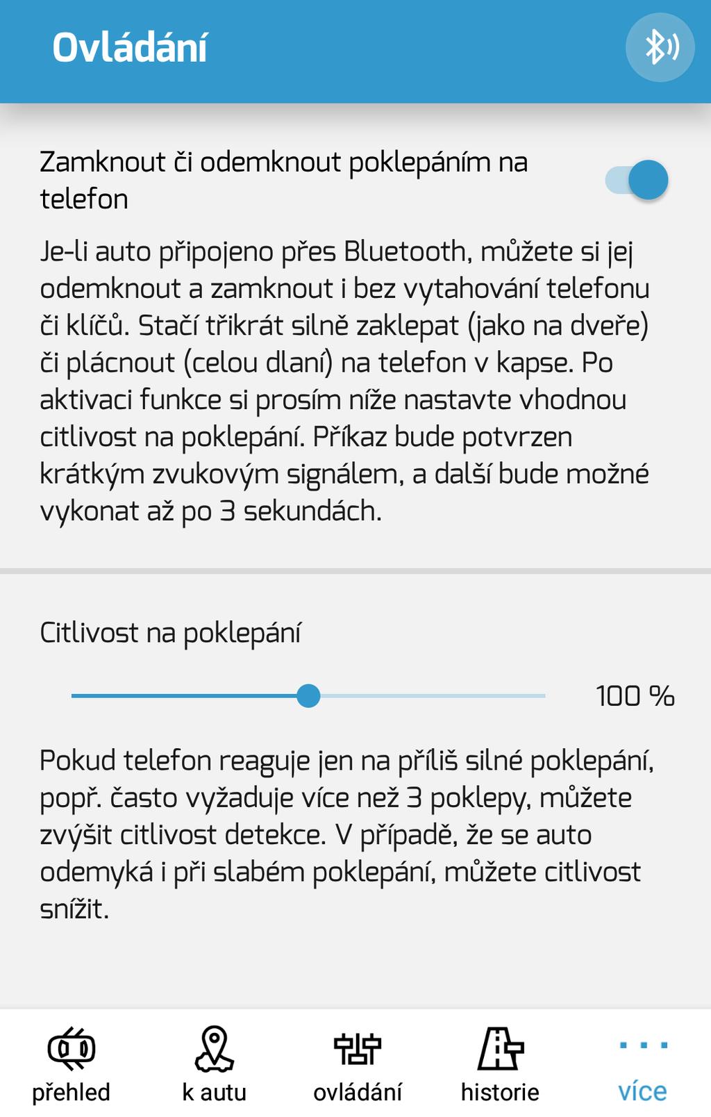 Ovládání aplikace Zapnutí posuvníku povoluje možnost odemknout a zamknout auto poklepáním na telefon. Po prvním zapnutí budete dotázáni na povolení přístupu k mikrofonu pro aplikaci Xmarton.