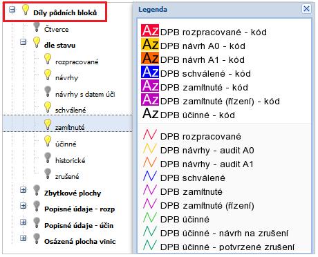 Nabídka mapových vrstev je zobrazena ve stromové struktuře. Kliknutím na ikonku před názvem skupiny vrstev (zvýrazněna tučným písmem) se skupina rozbalí, kliknutím na ikonku se skupina sbalí.