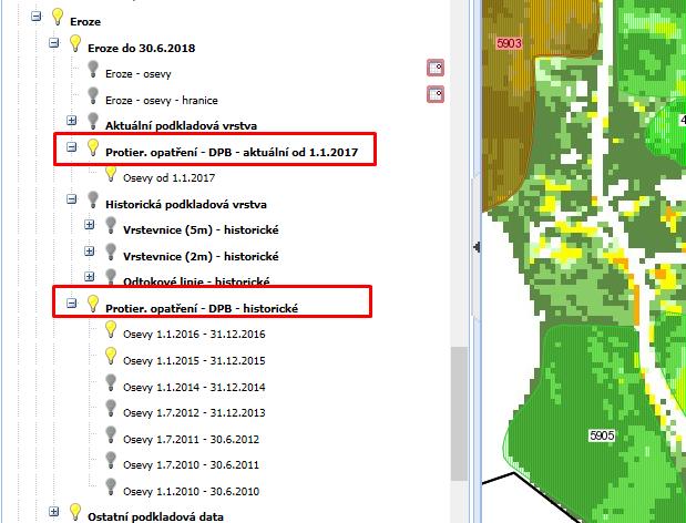 Vrstva Protierozní opatření DPB představuje grafické