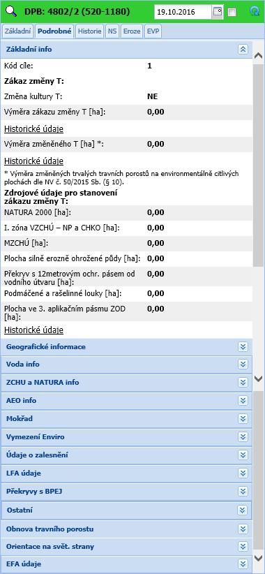 Informace si lze zobrazit k datu nastavenému zde (po zadání data je nutno zaškrtnout zatržítko Zobrazit k datu). Jednotlivé sekce lze rozbalit a sbalit kliknutím a šipku v záhlaví každé sekce.