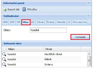 Obrázek 49 Vyhledávání obce 4.7.5 Katastrální území Zadejte název nebo kód katastrálního území a stiskněte tlačítko Vyhledat.