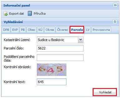 Obrázek 53 Vyhledávání parcel KN V infopanelu se zobrazí nalezená parcela odpovídající zadanému parametru.