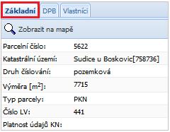 Obrázek 55 Vrstvy katastru Poklikem na řádek konkrétní parcely nebo na parcelu KN v mapovém okně v místě, kde jsou zobrazovány mapy KM-D, KMD, DKM nebo po prokliknutí definičního bodu, se vpravo na