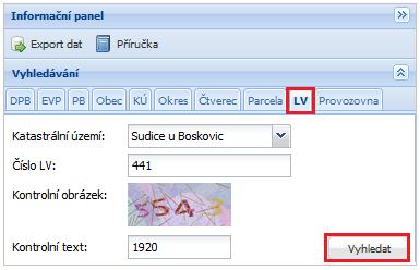 4.7.9 LV Zadejte název nebo číslo katastrálního území (použijte našeptávač), číslo listu vlastnictví, opište kontrolní text z