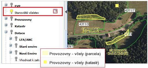 Lokalizace centroidem katastru Lokalizace parcelou KN legenda Obrázek 65 Vrstva "Stanoviště včelstev" V případech, kdy je stanoviště včelstev