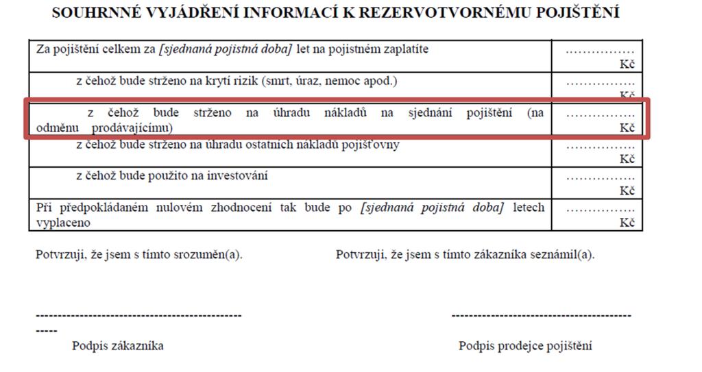 Obrázek č. 5 Souhrnná informace o nákladech rezervotvorného pojištění dle přílohy k návrhu zákona F.