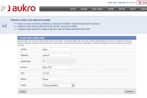 Kromě jména a adresy věnujte pozornost i vyplnění kontaktního e-mailu, prostřednictvím kterého s vámi bude Aukro nejčastěji komunikovat.